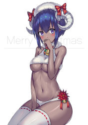 Rule 34 | 1girl, bare arms, bare shoulders, bell, blush, bow, covering own mouth, crop top, crop top overhang, dark-skinned female, dark skin, fate/grand order, fate (series), fur, hassan of serenity (fate), hassan of serenity (merry sheep) (fate), horn bow, horn ornament, horns, invisible chair, looking at viewer, mahou kyuuri, merry christmas, navel, panties, purple eyes, purple hair, red bow, ribbon-trimmed legwear, ribbon trim, shiny skin, short hair, sidelocks, simple background, sitting, sleeveless, solo, stomach, thighhighs, underwear, white background, white panties, white thighhighs