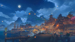 Rule 34 | blue sky, full moon, genshin impact, harbor, highres, lantern festival, moon, paper lantern, sky, sky lantern