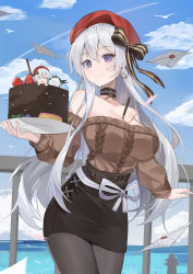 Rule 34 | 1girl, absurdres, aran sweater, azur lane, bare shoulders, belfast (azur lane), belfast (shopping with the head maid) (azur lane), beret, between breasts, bird, black pantyhose, black skirt, blue sky, blueberry, blush, breasts, brown ribbon, brown sweater, cable knit, cake, chibi, chinese commentary, chocolate cake, cleavage, closed mouth, cloud, cloudy sky, cowboy shot, day, detached collar, doughnut, earrings, envelope, food, fruit, hair between eyes, hat, highres, holding, holding plate, hoop earrings, jewelry, large breasts, long hair, long sleeves, looking at viewer, macaron, miniskirt, ocean, off-shoulder sweater, off shoulder, official alternate costume, outdoors, pantyhose, pencil skirt, plate, pocky, purple eyes, railing, red hat, ribbon, silver hair, skirt, sky, smile, solo, starzexingze, strawberry, striped ribbon, sweater, sweater tucked in, wind