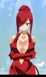 Rule 34 | 1girl, absurdres, artist name, bare shoulders, blue background, blush, breasts, brown eyes, choker, cleavage, collarbone, crossed arms, dress, elbow gloves, erza scarlet, fairy tail, gaston18, gloves, hair bun, hair over one eye, heart, highres, large breasts, looking at viewer, red hair, simple background, single hair bun, sleeveless, smile, solo, standing, upper body, watermark