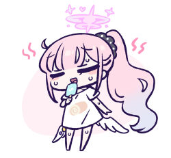 Rule 34 | 1girl, angel wings, black scrunchie, blue archive, blush stickers, chan co, chibi, closed eyes, collarbone, commentary request, food, food print, gradient hair, hair ornament, hair scrunchie, halo, heart, holding, holding food, holding ice cream, hot, ice cream, long hair, low wings, mika (blue archive), multicolored hair, no pants, open mouth, pink hair, pink halo, polka dot, polka dot scrunchie, print shirt, purple hair, scrunchie, shirt, short sleeves, smile, solo, standing, sweat, swiss roll print, t-shirt, tongue, white background, white shirt, white wings, wings