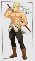 Rule 34 | 1boy, 8 (yamalu), abs, bara, black pants, blonde hair, blue eyes, boots, clothes around waist, copyright name, guy cecil, hand on own hip, highres, holding, holding weapon, large pectorals, looking at viewer, male focus, muscular, muscular male, navel, nipples, pants, pectorals, shirt, shirt around waist, unworn shirt, short hair, simple background, smile, solo, sword, tales of (series), tales of the abyss, teeth, topless male, weapon, wooden sword