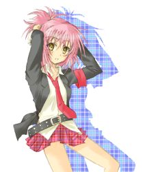Rule 34 | 1girl, armlet, belt, buckle, hinamori amu, jacket, jhonwalker, long sleeves, looking at viewer, necktie, open clothes, open jacket, plaid, plaid skirt, pleated skirt, red necktie, red skirt, shirt, shugo chara!, silhouette, simple background, skirt, solo, white background, white shirt