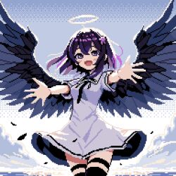 Rule 34 | 1girl, :d, angel, angel wings, black feathers, black necktie, black thighhighs, black wings, blue sky, blush, bob cut, breasts, cloud, commentary, cowboy shot, dithered background, dress, falling feathers, feathers, floating clothes, floating hair, gradient sky, hair between eyes, hair ornament, halo, multicolored hair, necktie, open mouth, original, outstretched arms, pink hair, pixel art, purple eyes, purple hair, reaching, reaching towards viewer, short hair, short sleeves, sky, small breasts, smile, solo, spread fingers, spread wings, streaked hair, thigh strap, thighhighs, viino hamu86, white dress, white sky, wind, wind lift, wings