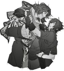 Rule 34 | 2boys, ardyn izunia, blue eyes, closed eyes, facial hair, final fantasy, final fantasy xv, fingerless gloves, floral print, gloves, greyscale, hair between eyes, hand on another&#039;s back, highres, holding another&#039;s wrist, inuue15, jacket, monochrome, multiple boys, muscular, muscular male, noctis lucis caelum, parted bangs, short hair, short sleeves, smile, spiked hair, stubble, upper body, white background, wide-eyed, yaoi