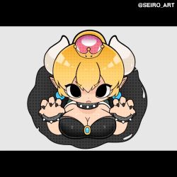 Rule 34 | 1girl, animated, animated gif, bowsette, breasts, cleavage, dot nose, eyes visible through hair, fang, large breasts, leaning forward, looking at viewer, mario (series), nintendo, seiro, shiny clothes, shiny skin, sidelocks, skindentation, solo, standing, super mario bros. 1