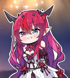 Rule 34 | 1girl, arms behind back, bare shoulders, blue eyes, blush, breasts, brooch, chibi, cleavage, demon horns, detached sleeves, double halo, dress, flower, gradient hair, grin, hair ribbon, halo, heterochromia, highres, hololive, hololive english, horns, irys (irys 2.0) (hololive), irys (hololive), jewelry, kukie-nyan, looking at viewer, medium breasts, multicolored hair, pointy ears, puffy sleeves, purple eyes, purple hair, red hair, red ribbon, ribbon, smile, solo, streaked hair, virtual youtuber, white dress