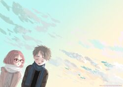 Rule 34 | 1boy, 1girl, :o, blue sky, blush, breath, brown hair, closed eyes, cloud, commentary request, day, enpera, fujichika koume, grey hair, highres, jacket, komura kaede, long hair, looking at another, mie ai, open clothes, open jacket, open mouth, outdoors, pink eyes, scarf, sky, sukinako ga megane wo wasureta, sunlight, upper body