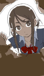 Rule 34 | 1girl, bow, bright pupils, brown eyes, brown hair, collarbone, eyebrows, highres, hole, looking at viewer, looking down, red bow, school uniform, simple background, solo, yamamoto souichirou