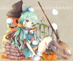 Rule 34 | 1girl, animal, bad id, bad pixiv id, black cat, black footwear, bloomers, blue dress, blue hat, blush, boots, breasts, broom, cat, closed mouth, commentary, dress, flower, food-themed hair ornament, full body, ghost, green eyes, green hair, hair ornament, hat, head tilt, highres, knee boots, knees up, long hair, looking at viewer, low twintails, mini wings, original, puffy short sleeves, puffy sleeves, pumpkin hair ornament, railing, short sleeves, sitting, small breasts, solo, symbol-only commentary, tsukiyo (skymint), twintails, underwear, very long hair, white bloomers, wide sleeves, wings, witch hat, yellow flower