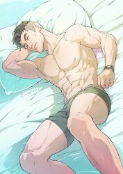 Rule 34 | 1boy, abs, artist name, asymmetrical hair, bara, bed, black hair, black male underwear, boxer briefs, closed eyes, closed mouth, craig cahn, dream daddy: a dad dating simulator, evinist, highres, large pectorals, lying, male focus, male underwear, mature male, muscular, muscular male, navel, nipples, on bed, on side, pectorals, pillow, short hair, sidecut, sleeping, solo, thick thighs, thighs, undercut, underwear, watch, wristwatch
