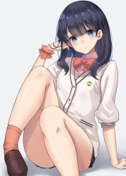 Rule 34 | 10s, 1girl, bad id, bad pixiv id, blue eyes, blush, bow, bowtie, cardigan, commentary request, grey background, gridman universe, legs, looking at viewer, red bow, red bowtie, shirt, shoes, short hair, simple background, sitting, socks, solo, ssss.gridman, takarada rikka, white cardigan, white shirt, yuzu-aki
