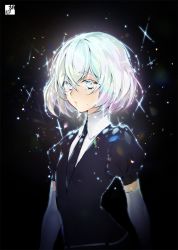 Rule 34 | 1other, alpha signature, androgynous, black background, black necktie, collar, collared shirt, colored eyelashes, commentary request, diamond (houseki no kuni), elbow gloves, gem uniform (houseki no kuni), gloves, grey eyes, hair between eyes, houseki no kuni, looking at viewer, multicolored hair, necktie, pepper fever, puffy short sleeves, puffy sleeves, shirt, short hair, short sleeves, silver hair, simple background, solo, sparkle, tearing up, upper body, white gloves, white shirt