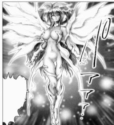 Rule 34 | 1girl, aina fieeria, android, angel, boots, breasts, closed eyes, full body, gentaro araki, gloves, greyscale, large breasts, living clothes, long hair, medium breasts, monochrome, narrow waist, navel, neo gentle, pussy, revealing clothes, sexbeast, solo, speech bubble, vaginass, wings