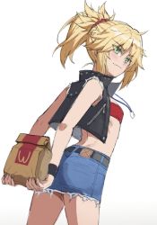 Rule 34 | 1girl, absurdres, ass, bag, bandeau, bare shoulders, black vest, blonde hair, blue skirt, blush, braid, breasts, closed mouth, cropped vest, denim, denim skirt, fate/apocrypha, fate (series), french braid, green eyes, hair ornament, hair scrunchie, highres, jewelry, long hair, looking at viewer, looking back, mordred (fate), mordred (fate/apocrypha), necklace, paper bag, parted bangs, ponytail, scrunchie, sidelocks, simple background, skirt, small breasts, smile, thighs, tonee, vest, white background