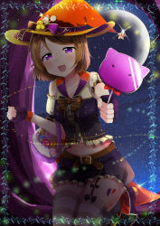 Rule 34 | 1girl, :d, basket, belt, border, brown hair, candy, clenched hand, detached sleeves, fingerless gloves, food, frilled shorts, frills, garter straps, gloves, half-closed eyes, halloween costume, hat, hat ornament, hat pin, highres, incoming food, kneeling, koizumi hanayo, lollipop, looking at viewer, love live!, love live! school idol festival, love live! school idol project, moon, navel, night, night sky, open mouth, religious offering, short hair, short sleeves, shorts, sky, smile, solo, sparkle, star (sky), starry sky, striped clothes, striped thighhighs, thighhighs, witch hat, yuama (drop)