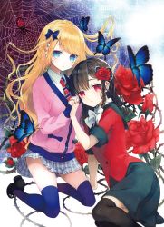 Rule 34 | 2girls, blue bow, blush, bow, bowtie, bug, butterfly, cardigan, cover, cover page, flower, grimoire no tate, hair bow, hair flower, hair ornament, highres, insect, interlocked fingers, kneehighs, long hair, looking at viewer, multiple girls, namanie, necktie, novel cover, original, plant, red flower, red rose, rose, school uniform, silk, socks, spider, spider web, vines, white bow