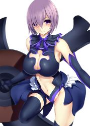 Rule 34 | &gt;:(, 1girl, adapted costume, armpits, bare shoulders, black footwear, black gloves, black leotard, black skirt, black thighhighs, blush, boots, breasts, cleavage, cleavage cutout, closed mouth, clothing cutout, cowboy shot, elbow gloves, eyebrows, fate/grand order, fate (series), frills, frown, gloves, groin, hair over one eye, halterneck, highres, holding, holding shield, large breasts, leg lift, legs apart, leotard, light purple hair, looking at viewer, magical girl, mash kyrielight, miniskirt, navel, navel cutout, outstretched arms, pleated skirt, purple eyes, purple hair, purple ribbon, ribbon, serious, shield, short hair, showgirl skirt, simple background, skirt, solo, spread arms, standing, standing on one leg, sukage, thigh boots, thigh strap, thighhighs, v-shaped eyebrows, white background