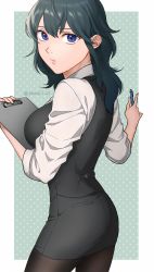 Rule 34 | 1girl, absurdres, alternate costume, black pantyhose, black skirt, blue hair, breasts, business suit, byleth (female) (fire emblem), byleth (fire emblem), clipboard, commentary request, contemporary, fire emblem, fire emblem: three houses, formal, highres, holding, holding clipboard, holding pen, large breasts, long hair, looking at viewer, nintendo, office lady, pantyhose, parted lips, peach11 01, pen, purple eyes, shirt, skirt, skirt suit, sleeves rolled up, solo, suit, twitter username, white shirt