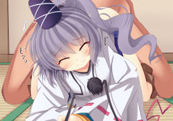 Rule 34 | 1boy, 1girl, all fours, ass, blush, clothed female nude male, clothed sex, doggystyle, closed eyes, hat, hetero, indoors, long hair, mononobe no futo, nude, on floor, ponytail, sex, sex from behind, shefu, solo focus, tatami, touhou, trembling