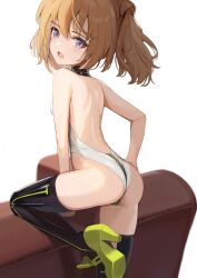 Rule 34 | 1girl, alice gear aegis, ass, backless leotard, black thighhighs, booth babe, breasts, brown hair, circle cutout, cleavage cutout, clothing cutout, companion/af, covered collarbone, from behind, heattech leotard, highleg, highleg leotard, highres, kimikage yui, leotard, looking at viewer, medium hair, purple eyes, race queen, simple background, sleeveless turtleneck leotard, small breasts, solo, sunga2usagi, thighhighs, twintails, two-tone leotard, white background, white leotard, zipper pull tab