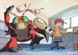 Rule 34 | 1boy, bug, computer, digimon, green eyes, highres, izumi koshiro, laptop, tea, tentomon