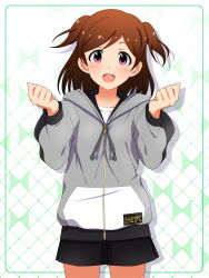 Rule 34 | 1girl, 920-k, :d, aoba misaki, black skirt, blush, brown hair, commentary request, grey hoodie, grey jacket, highres, hood, hoodie, idolmaster, idolmaster million live!, jacket, long sleeves, looking at viewer, open mouth, red eyes, shirt, short hair, skirt, smile, solo, two side up, white shirt, zipper
