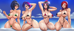 4girls abs akali arm_behind_head arms_behind_back badcompzero bikini black_bikini black_hair blue_eyes blue_sky breasts commentary curvy english_commentary eyewear_on_head fiora_(league_of_legends) flower green_bikini green_eyes hair_flower hair_ornament half-closed_eyes highres irelia katarina_(league_of_legends) large_breasts league_of_legends long_hair looking_at_viewer micro_bikini multiple_girls pink_hair ponytail purple_hair red_bikini red_eyes red_hair scar scar_across_eye scar_on_face sky smile swimsuit tattoo