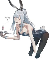Rule 34 | 1girl, absurdres, ak-12 (girls&#039; frontline), animal ears, bent over, black pantyhose, braid, breasts, closed eyes, cropped legs, detached collar, fake animal ears, fuku00, girls&#039; frontline, hairband, highres, holding, holding tray, leotard, long hair, medium breasts, open mouth, pantyhose, playboy bunny, rabbit ears, silver hair, simple background, solo, tray, white background, wrist cuffs