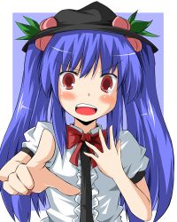 Rule 34 | 1girl, alternate hairstyle, bad id, bad pixiv id, blue hair, blush, bow, female focus, food, fruit, hand on another&#039;s chest, hand on own chest, hat, hinanawi tenshi, long hair, open mouth, peach, pointing, red eyes, solo, tears, touhou, twintails, wata