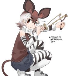 Rule 34 | 1girl, animal ears, animal print, bare shoulders, bow, bowtie, brown eyes, brown hair, brown shirt, closed mouth, clothing cutout, cutoffs, denim, denim shorts, detached sleeves, extra ears, from side, hair between eyes, highres, holding, holding weapon, iwa (iwafish), kemono friends, looking at viewer, looking to the side, medium hair, okapi (kemono friends), pantyhose, peanut, pocket, print pantyhose, print sleeves, shirt, shoes, shorts, simple background, sleeveless, sleeveless shirt, slingshot (weapon), smile, solo, squatting, striped clothes, striped pantyhose, striped sleeves, tail, tail through clothes, translation request, weapon, white background, white hair