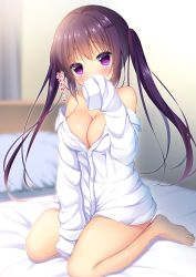 Rule 34 | 1girl, bare legs, bare shoulders, barefoot, bed, bed frame, bedroom, between legs, blurry, blurry background, blush, breasts, buttons, cleavage, collarbone, commentary request, covering own mouth, curtains, depth of field, full body, gochuumon wa usagi desu ka?, hair ornament, hairclip, hand up, head tilt, indoors, long hair, long sleeves, looking at viewer, medium breasts, naked shirt, no pants, off shoulder, oversized clothes, pillow, purple eyes, purple hair, seiza, shibainu niki, shiny skin, shirt, sitting, sleeves past wrists, solo, tedeza rize, translated, twintails, white shirt