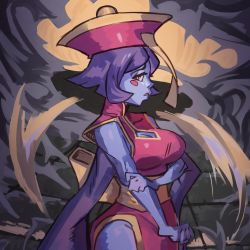 Rule 34 | 1girl, breasts, chinese clothes, cleavage, colored skin, hat, highres, large breasts, lei lei, moxydraws, purple hair, purple skin, short hair, sleeveless, vampire (game)