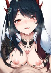 Rule 34 | 1girl, absurdres, after ejaculation, black hair, blush, breasts, commentary request, commission, cum, detached sleeves, facial, grabbing own breast, green nails, hajikami eleme, henria, highres, horns, indie virtual youtuber, large breasts, long sleeves, looking at viewer, multicolored hair, nail polish, nipples, paizuri, red eyes, red hair, sidelocks, simple background, skeb commission, solo focus, streaked hair, swept bangs, teeth, tongue, virtual youtuber, white background
