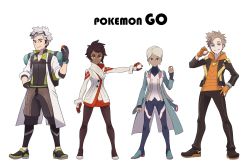 Rule 34 | 2boys, 2girls, androgynous, backpack, bad id, bad twitter id, bag, black gloves, black jacket, blanche (pokemon), blonde hair, blue eyes, blue jacket, bodysuit, brown eyes, brown hair, candela (pokemon), clenched hand, coat, copyright name, creatures (company), dark skin, expressionless, eyewear on head, fingerless gloves, full body, game freak, gloves, grey eyes, grey hair, grin, hand on own hip, height difference, high heels, highres, holding, holding poke ball, hood, hoodie, jacket, jewelry, lab coat, leggings, legs apart, lineup, lipstick, long hair, long sleeves, looking at viewer, makeup, multicolored hair, multiple boys, multiple girls, nintendo, official style, open clothes, open jacket, orange gloves, outstretched arm, pantyhose, parody, pendant, poke ball, pokemon, pokemon go, ponytail, red gloves, redlhzz, shoes, short hair, sidelocks, simple background, smile, sneakers, spark (pokemon), style parody, two-tone hair, watch, white background, wide stance, willow (pokemon), wristband, yellow eyes, yellow gloves