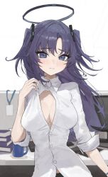 Rule 34 | 1girl, absurdres, arch 05x, blue archive, blush, book, book stack, breasts, button gap, cleavage, cup, halo, highres, indoors, long hair, looking at viewer, medium breasts, monitor, mug, partially unbuttoned, purple eyes, purple hair, shirt, solo, two side up, very long hair, white shirt, yuuka (blue archive)