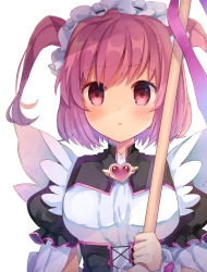 Rule 34 | 1girl, bad id, bad pixiv id, black dress, black hairband, blush, breasts, crying, crying with eyes open, dress, empty eyes, frilled hairband, frills, hair between eyes, hairband, heart, highres, holding, looking at viewer, magia record: mahou shoujo madoka magica gaiden, mahou shoujo madoka magica, makino ikumi, parted lips, pink hair, puffy short sleeves, puffy sleeves, red eyes, shikino (sikinonono), short sleeves, simple background, small breasts, solo, tears, two side up, upper body, white background, wrist cuffs