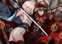 Rule 34 | 1boy, 2girls, ahoge, arched back, ass, bare shoulders, belt, black hair, blonde hair, brown jacket, cape, chromatic aberration, contrapposto, copyright name, deviantart username, dress, fate/grand order, fate (series), finger on trigger, glint, grin, gun, hair over eyes, handgun, hat, holding, holding gun, holding sword, holding weapon, jacket, japanese clothes, katana, koha-ace, lips, looking at viewer, multiple girls, obi, oda nobunaga (fate), oda nobunaga (koha-ace), okita souji (fate), okita souji (koha-ace), pants, parted lips, pixiv username, red eyes, sash, scabbard, sheath, sheathed, shei99, shinsengumi, short dress, short hair, skindentation, sleeveless, sleeveless dress, smile, standing, sword, thighhighs, uniform, unsheathed, vambraces, weapon, white dress, wind, yellow eyes, zettai ryouiki