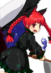 Rule 34 | 2girls, animal ears, bad id, bad pixiv id, bow, braid, cape, cat ears, cat tail, dai-erie, hair bow, kaenbyou rin, multiple girls, open mouth, red eyes, red hair, reiuji utsuho, short hair, simple background, smile, tail, touhou, twin braids, white background, wings