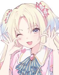 Rule 34 | 1girl, ascot, blonde hair, blue ascot, blush, fang, flower, hair flower, hair ornament, heart, highres, jewelry, link! like! love live!, long hair, looking at viewer, love live!, notyu maru, one eye closed, open mouth, osawa rurino, parted bangs, pink skirt, purple eyes, sidelocks, skirt, solo, two side up, upper body, white background