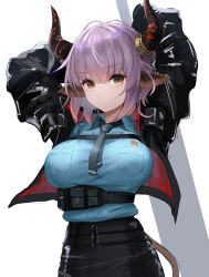 Rule 34 | 1girl, absurdres, animal ears, arknights, arms behind head, black jacket, closed mouth, commentary, commentary request, copyright request, demon girl, demon horns, demon tail, highres, horns, jacket, looking at viewer, necktie, original, pointy ears, purple hair, sideroca (arknights), solo, sthk, tail, yellow eyes