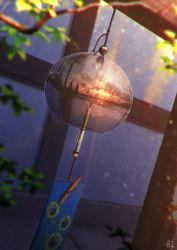 Rule 34 | blurry, blurry foreground, cloud, cloudy sky, commentary request, depth of field, dutch angle, evening, highres, mocha (cotton), no humans, original, reflection, scenery, signature, sky, sunset, twilight, wind chime, wind chime focus