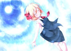 Rule 34 | 1girl, ^ ^, bad id, bad pixiv id, blonde hair, blue sky, closed eyes, cloud, closed eyes, female focus, grin, hair ribbon, kuroyume (dark495), necktie, outstretched arms, red necktie, ribbon, rumia, short hair, skirt, skirt set, sky, smile, solo, sun, touhou