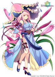 Rule 34 | 1girl, anklet, blue bow, blue dress, blue footwear, bow, city forest online, dagger, dress, flower, flower knight girl, full body, habranthus (flower knight girl), holding, holding umbrella, jewelry, knife, long hair, looking at viewer, name connection, object namesake, official art, pink hair, red bow, shoes, solo, standing, striped clothes, striped dress, umbrella, vertical-striped clothes, vertical-striped dress, weapon, white background, yellow eyes