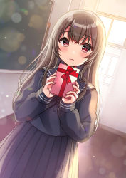 Rule 34 | 1girl, backlighting, bad id, bad pixiv id, black sailor collar, black serafuku, black shirt, black skirt, blush, box, brown hair, closed mouth, commentary request, dutch angle, gift, gift box, hair between eyes, highres, holding, holding gift, indoors, long hair, long sleeves, minami saki, original, pleated skirt, puffy long sleeves, puffy sleeves, red eyes, sailor collar, school uniform, serafuku, shirt, skirt, sleeves past wrists, solo, standing, valentine, very long hair, wavy mouth