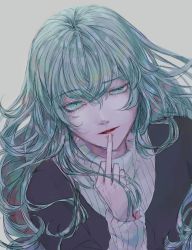 Rule 34 | 10s, 1girl, eto (tokyo ghoul), finger to mouth, green eyes, green hair, grey background, highres, lips, middle finger, nose, ofukafukao, open mouth, tokyo ghoul, tokyo ghoul:re