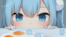 Rule 34 | 1girl, ?, amashiro natsuki, blue eyes, blue hair, blue nails, commentary request, egg (food), eyebrows hidden by hair, food, fried egg, grey background, hair between eyes, heart, heart in eye, highres, multicolored nails, nail art, nail polish, nekoha shizuku, nyan, original, peeking out, plate, romaji text, simple background, solo, symbol in eye, white nails