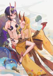 Rule 34 | 2girls, absurdres, alcohol, ankle ribbon, artist request, back, bad id, bad pixiv id, bare shoulders, barefoot sandals (jewelry), blonde hair, bob cut, breasts, collarbone, eyeliner, facial mark, fate/grand order, fate (series), feet, forehead, forehead mark, gourd, hair pulled back, headpiece, highres, horns, ibaraki douji (fate), ii3 (isse98), japanese clothes, kimono, leg ribbon, legs, long sleeves, looking at viewer, makeup, multiple girls, navel, off shoulder, oni, open clothes, open kimono, parted lips, pointy ears, purple eyes, purple hair, purple kimono, revealing clothes, ribbon, sake, short hair, shuten douji (fate), skin-covered horns, small breasts, smile, tattoo, wide sleeves, yellow eyes, yellow kimono