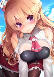 Rule 34 | 1girl, ascot, ayuteisyoku, bare shoulders, black pantyhose, blonde hair, blue sky, blush, braid, breasts, cloud, cloudy sky, corset, detached sleeves, french braid, hat, kantai collection, large breasts, leaning forward, long hair, long sleeves, looking at viewer, mini hat, miniskirt, pantyhose, purple eyes, red skirt, see-through, skirt, sky, smile, solo, wavy hair, zara (kancolle)