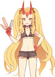 Rule 34 | 1girl, :d, bikini, bikini top only, black bikini, blonde hair, facial mark, fang, fate/grand order, fate (series), fingernails, food, hand on own hip, hizuki aya, horns, ibaraki douji (fate), long hair, looking at viewer, navel, oni, open mouth, pointy ears, popsicle, sharp fingernails, shorts, simple background, slit pupils, smile, solo, swimsuit, tattoo, teeth, twintails, very long hair, white background, yellow eyes